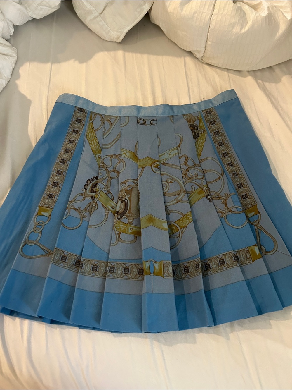 Light Blue Printed Pleated Mini Skirt with Equestrian Motif